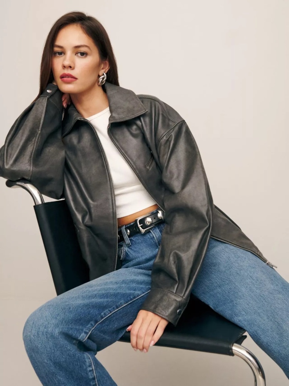 reformation x veda | marco distressed leather bomber jacket | gray / highway